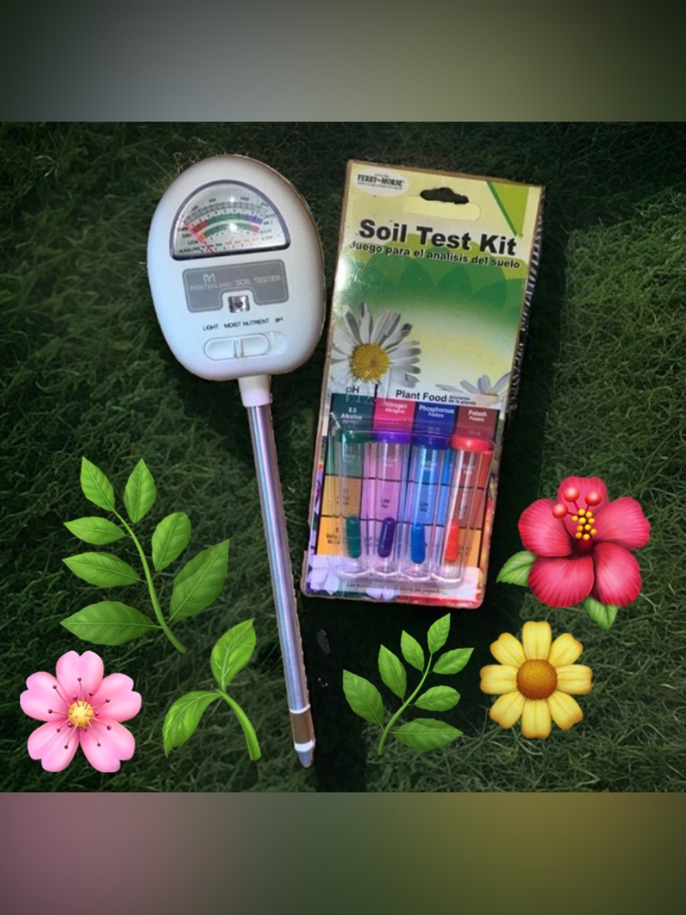 Complete Soil Test Bundle: 4-in-1 Moisture pH Meter & Sealed Ferry-Morse NPK Kit